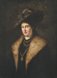 Retrato, de, um, senhora, em, um, escuro, vestido, com, pele-aparado, agasalho, e, chapéu